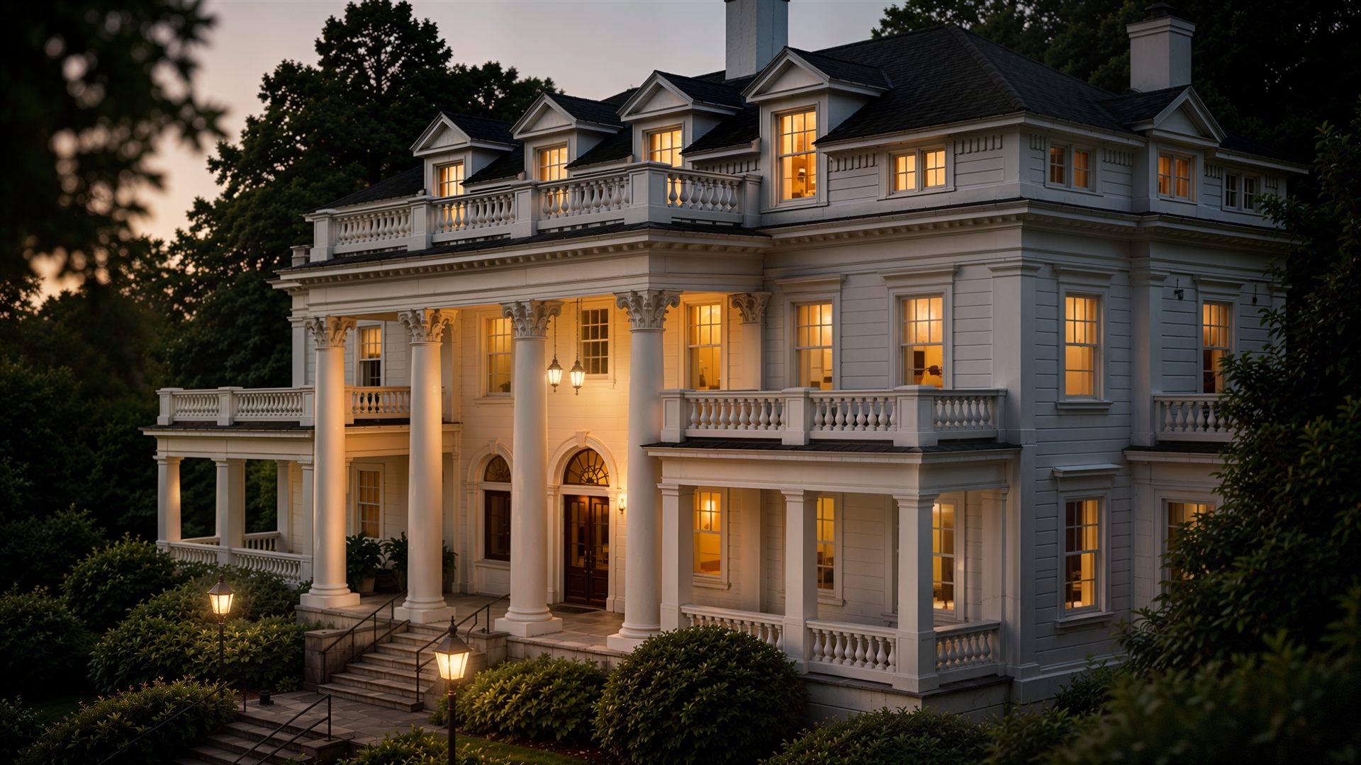 The Baker House mansion at dusk