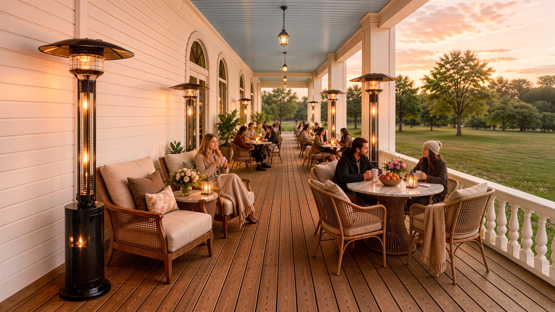 Members lounging on the Baker House porch at dusk