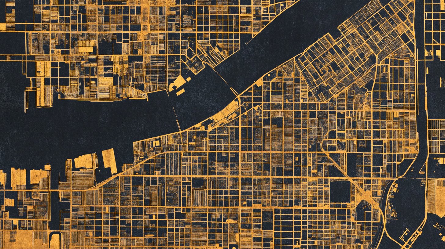 An aerial street-grid map of the city